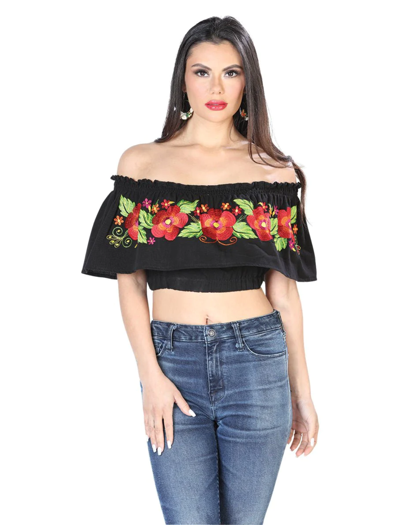 Blusa Corta Artesanal de Olan Bordada de Flores para Mujer Blusas Artesanales Mexico Artesanal Black