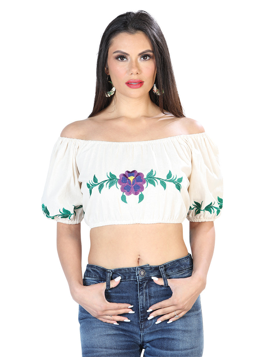 Blusa Corta Artesanal Manga Corta Bordada de Flores para Mujer Blusas Artesanales Mexico Artesanal Beige