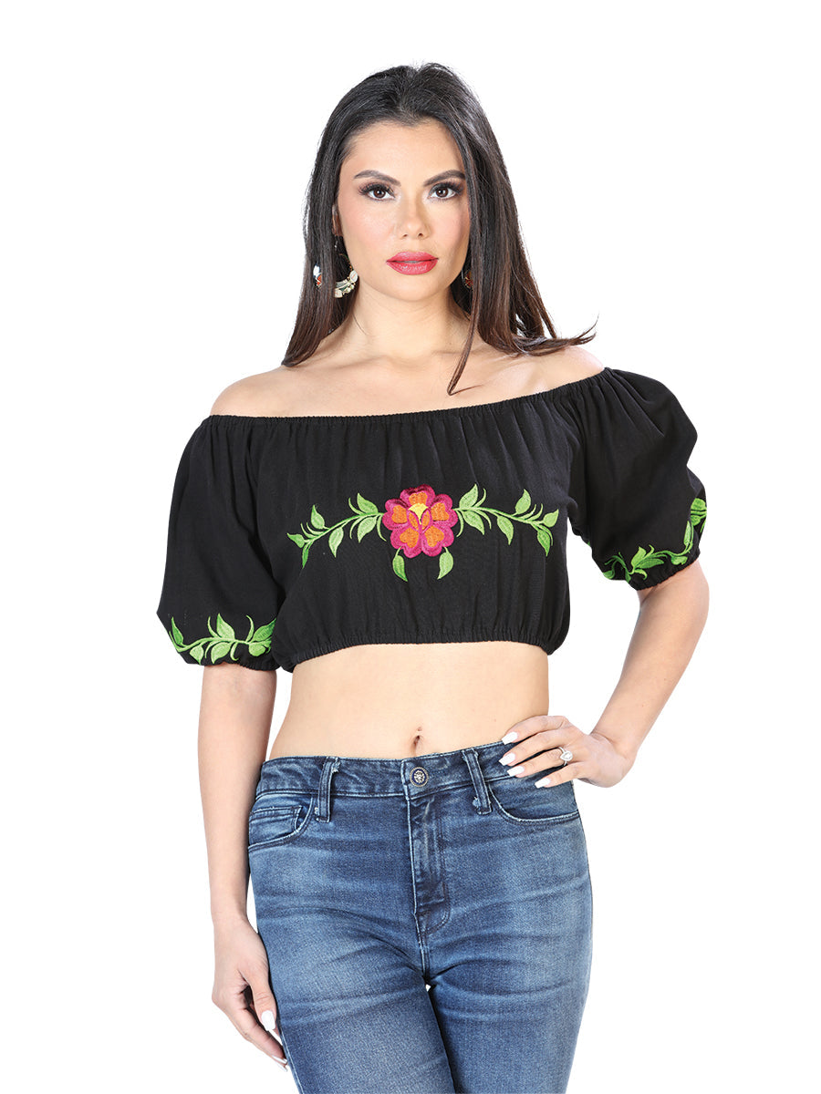 Blusa Corta Artesanal Manga Corta Bordada de Flores para Mujer Blusas Artesanales Mexico Artesanal Black