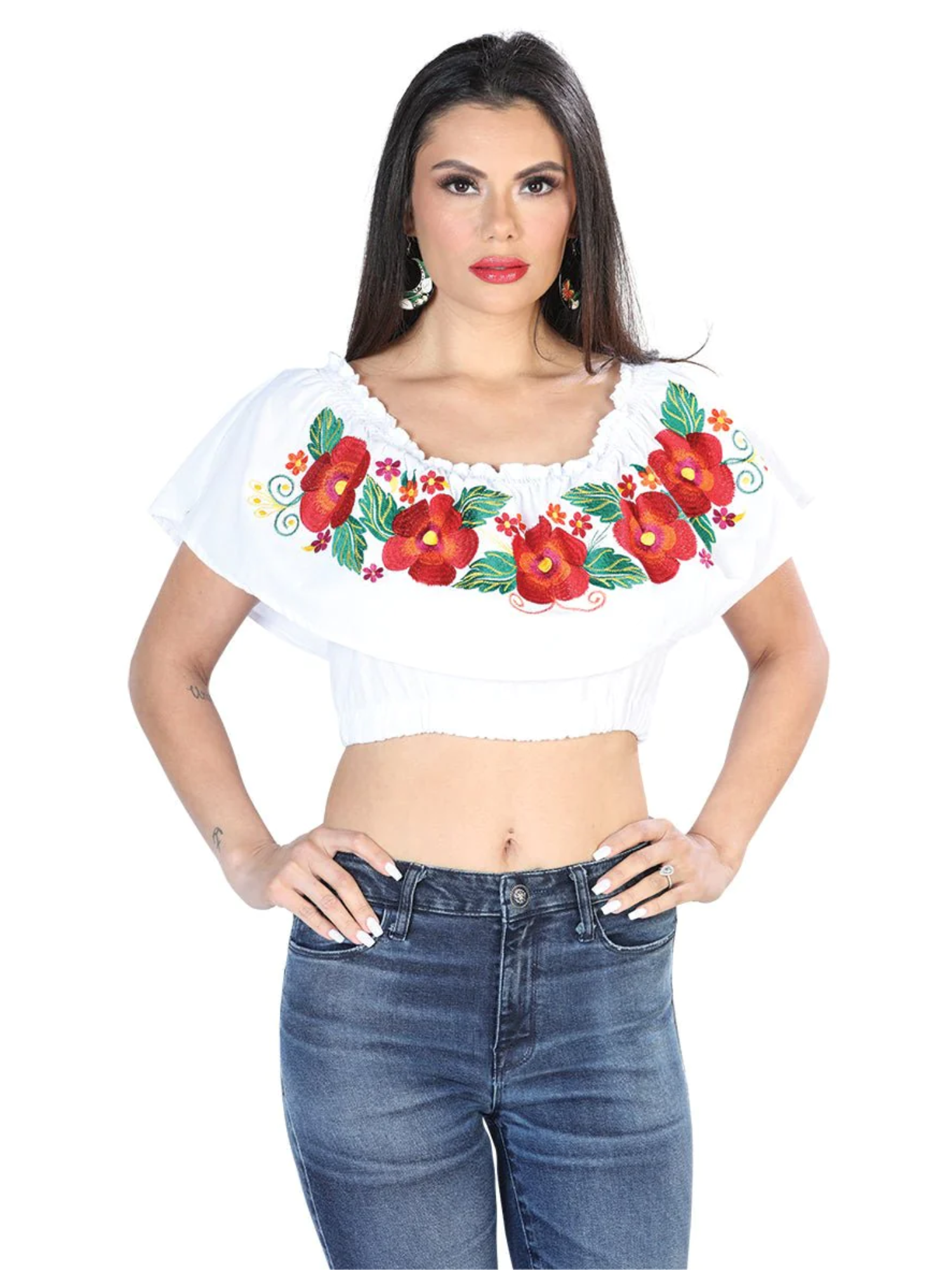 Blusa Corta Artesanal de Olan Bordada de Flores para Mujer Blusas Artesanales Mexico Artesanal White