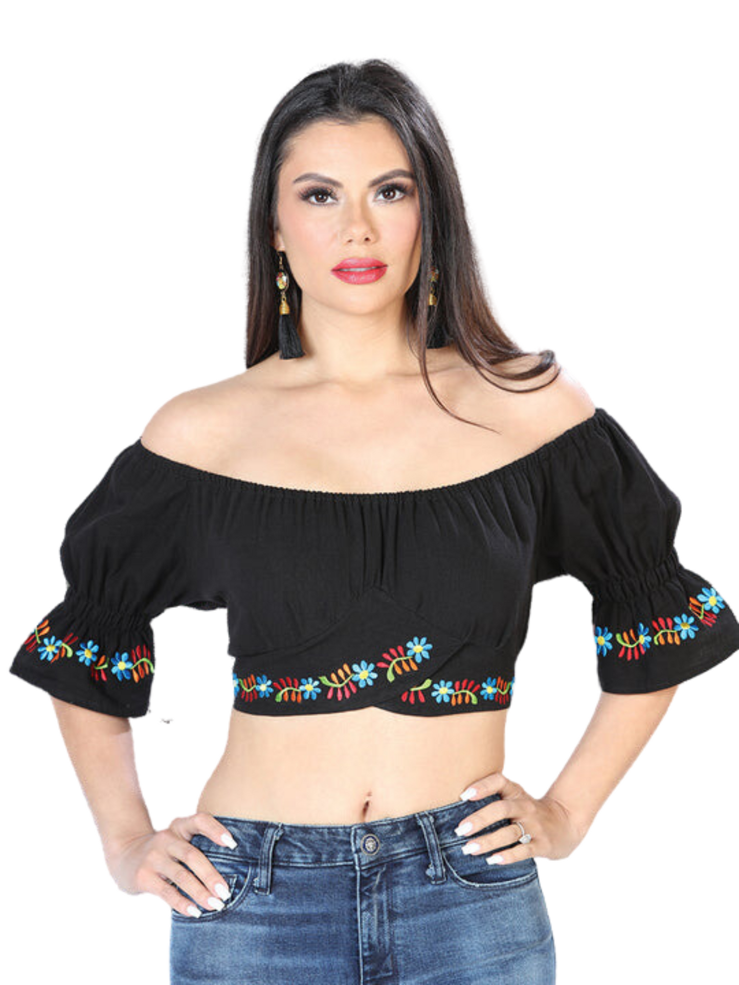 Blusa Corta Artesanal Manga Corta Bordada de Flores para Mujer Blusas Artesanales Mexico Artesanal Black