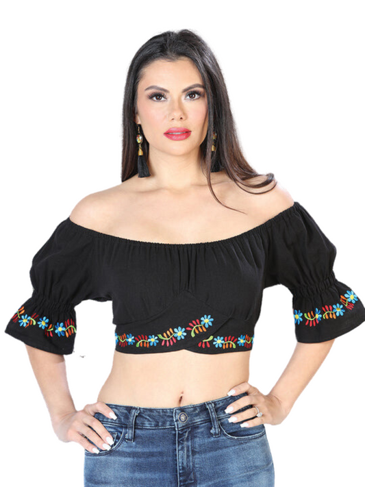 Blusa Corta Artesanal Manga Corta Bordada de Flores para Mujer Blusas Artesanales Mexico Artesanal Black