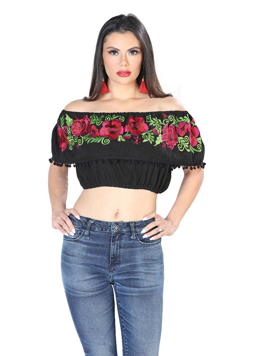 Blusa Corta Artesanal de Olan Bordada de Flores para Mujer Blusas Artesanales Mexico Artesanal Black