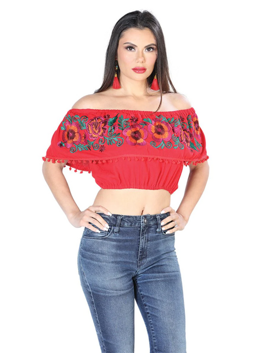 Blusa Corta Artesanal de Olan Bordada de Flores para Mujer Handmade Crop Top Mexico Artesanal Red