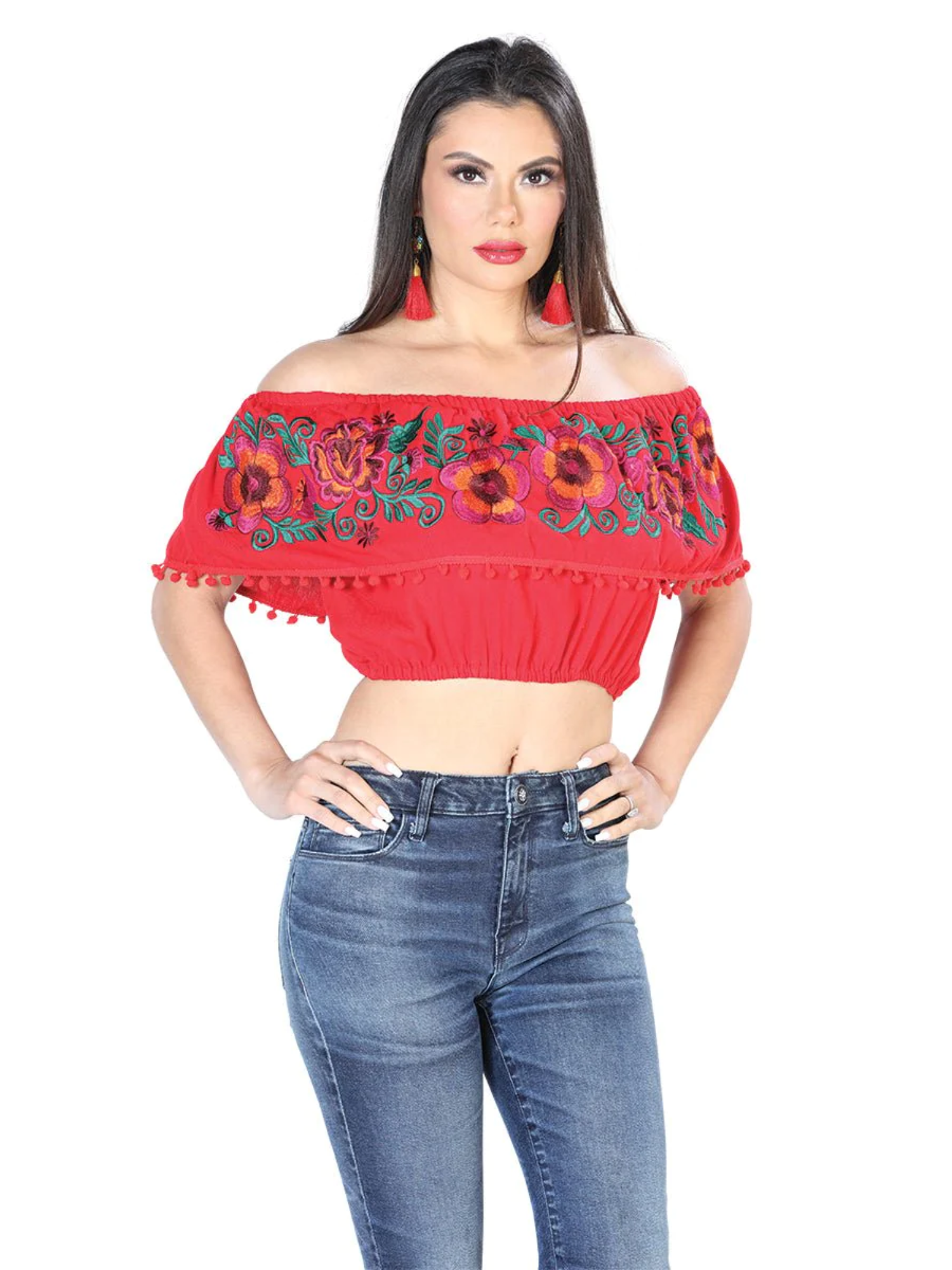 Blusa Corta Artesanal de Olan Bordada de Flores para Mujer Blusas Artesanales Mexico Artesanal Red