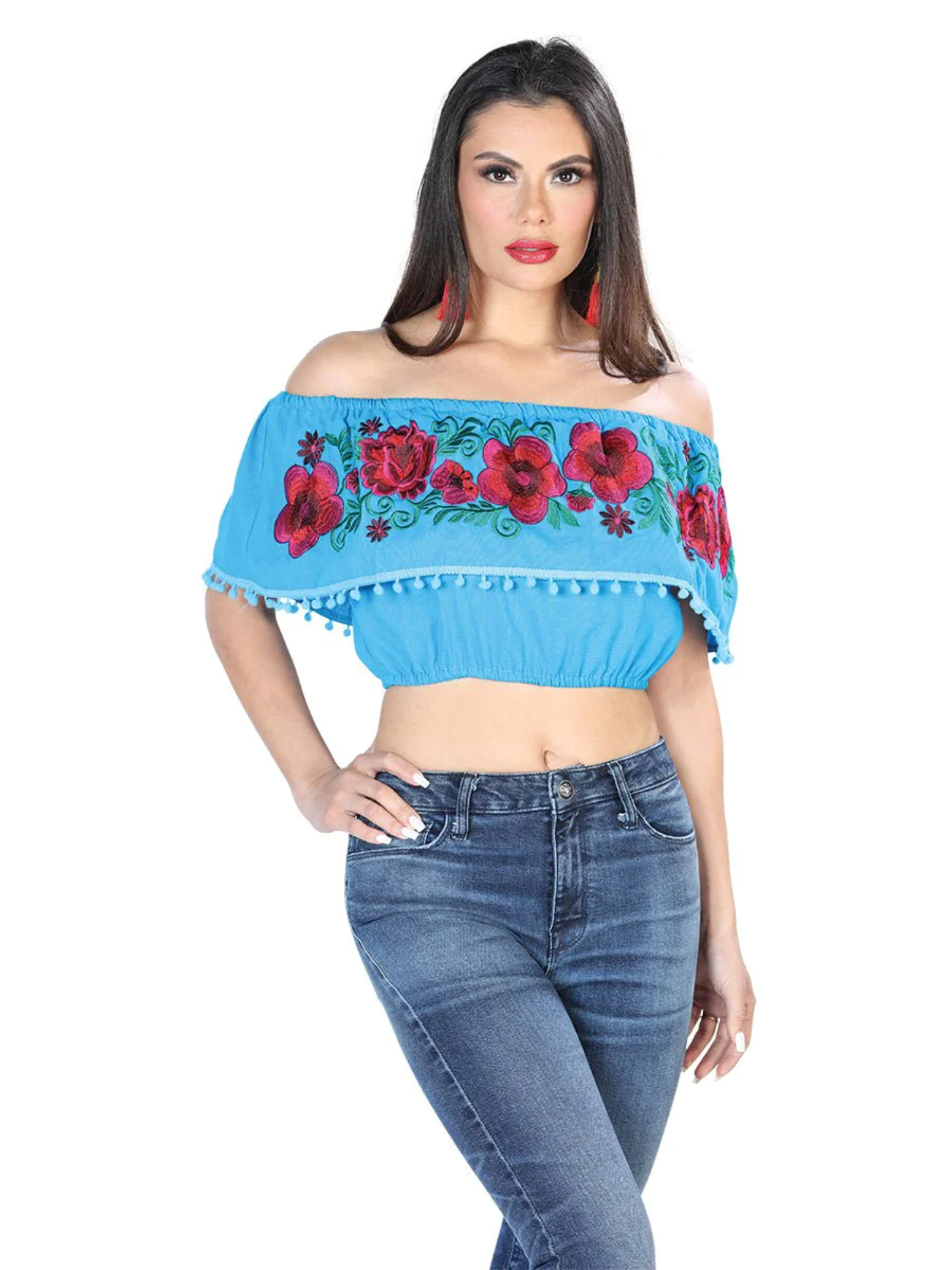 Blusa Corta Artesanal de Olan Bordada de Flores para Mujer Blusas Artesanales Mexico Artesanal Turquoise