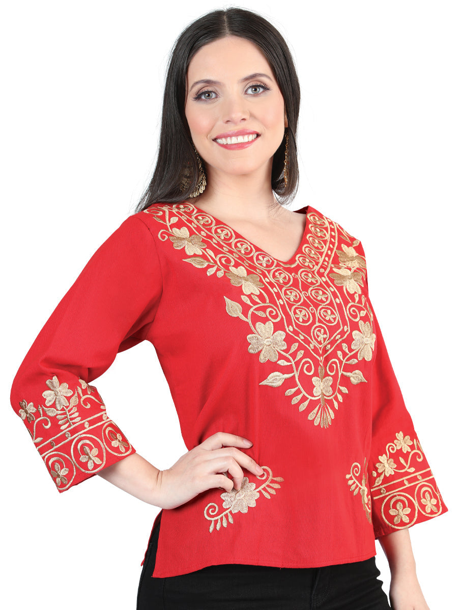 Blusa Artesanal Manga 3/4 Bordada de Flores para Mujer Blusas Artesanales Mexico Artesanal Red