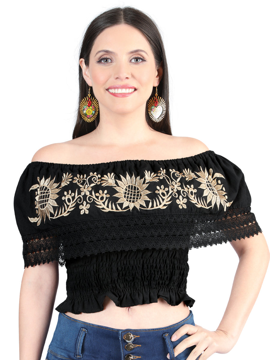 Blusa Corta Artesanal de Olan Bordada de Flores para Mujer Blusas Artesanales Mexico Artesanal Black