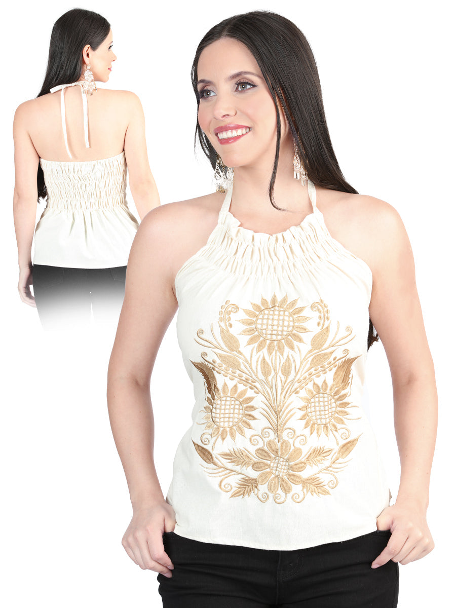 Blusa Artesanal Sin Mangas Bordada de Girasoles para Mujer Blusas Artesanales Mexico Artesanal Beige