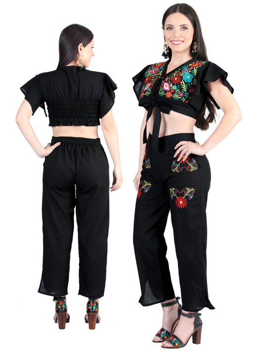 Conjunto Pantalon-Blusa Artesanal Bordado de Flores para Mujer Conjuntos Artesanales Mexico Artesanal Black