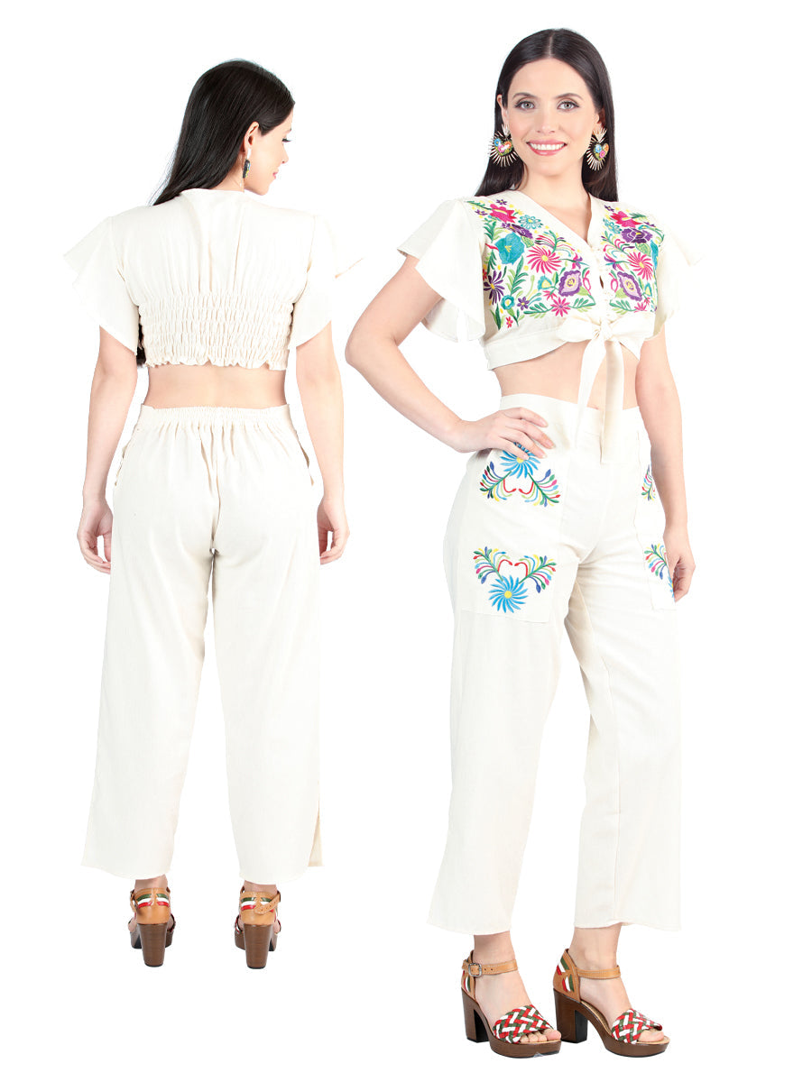 Conjunto Pantalon-Blusa Artesanal Bordado de Flores para Mujer Conjuntos Artesanales Mexico Artesanal Beige