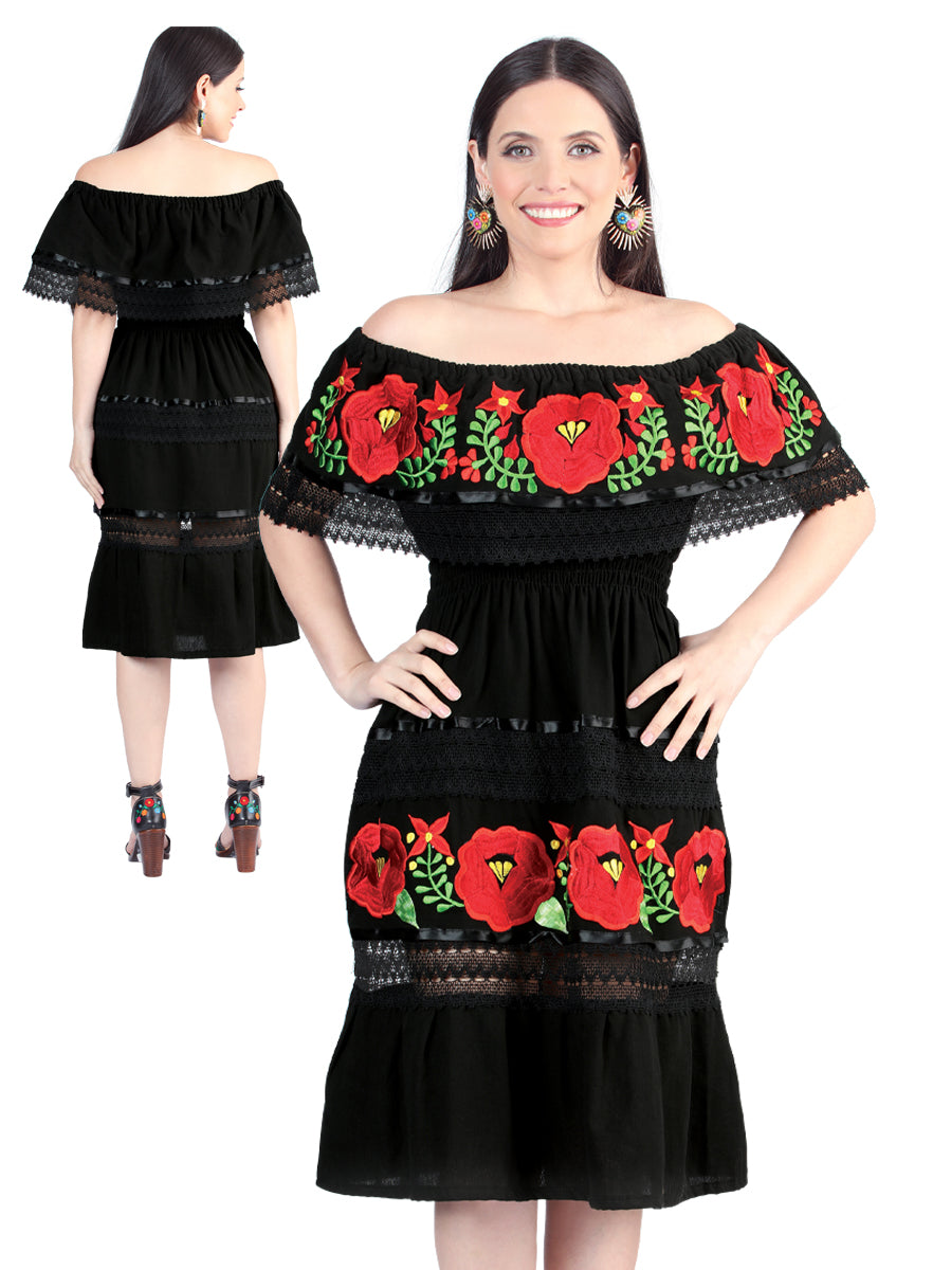 Vestido Artesanal de Olan Bordado de Flores para Mujer Vestidos Artesanales Mexico Artesanal Black