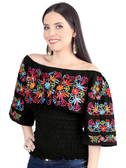 Blusa Artesanal Manga 3/4 Bordada de Flores para Mujer Blusas Artesanales Mexico Artesanal Black