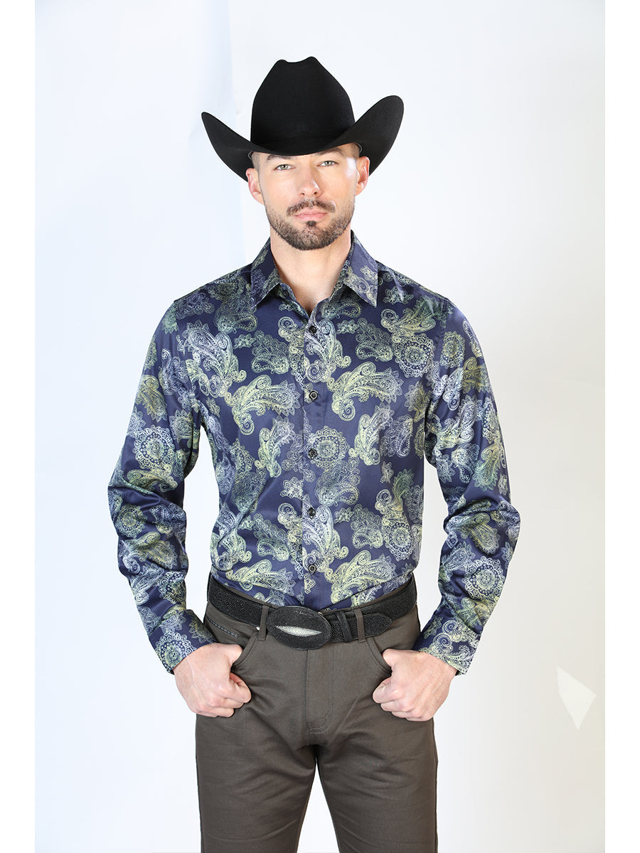 Camisa Vaquera Manga Larga Estampada Azul para Hombre 'El Señor de los Cielos' - ID: 43666 Camisas Estampadas El Señor de los Cielos Blue