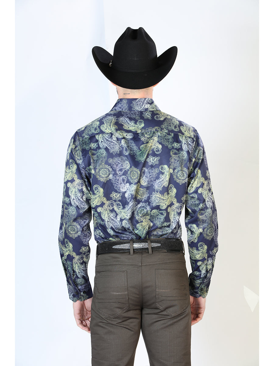 Camisa Vaquera Manga Larga Estampada Azul para Hombre 'El Señor de los Cielos' - ID: 43666 Camisas Estampadas El Señor de los Cielos 