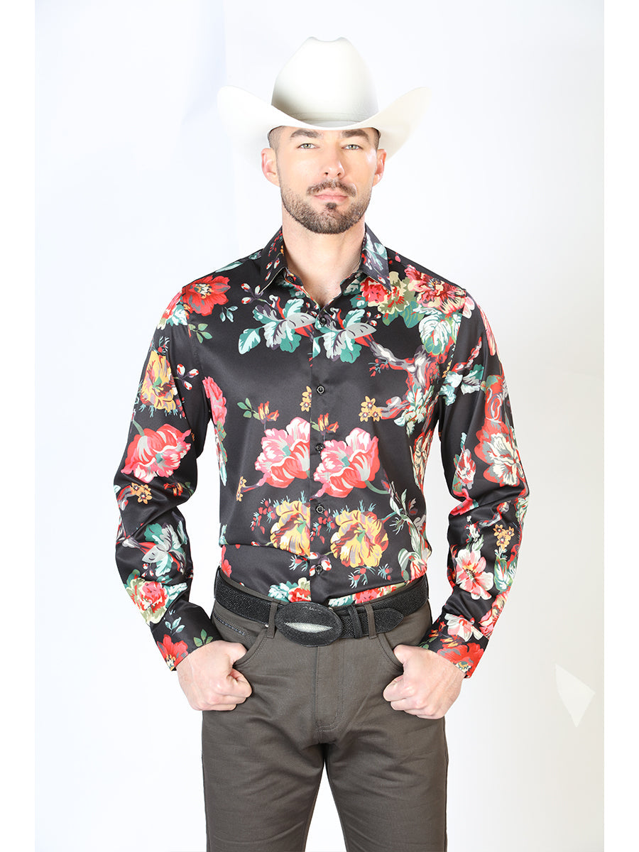 Camisa Vaquera Manga Larga Estampada Floral Negro para Hombre 'El Señor de los Cielos' - ID: 43675 Camisas Florales El Señor de los Cielos Black