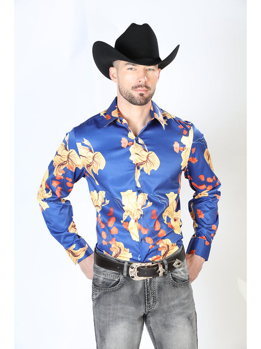 Camisa Vaquera Manga Larga Estampada Floral Azul para Hombre 'El Señor de los Cielos' - ID: 43676 Camisas Florales El Señor de los Cielos Blue