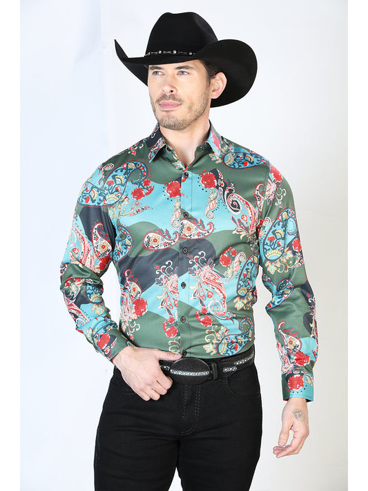 Camisa Vaquera Manga Larga Estampada Agua para Hombre 'El Señor de los Cielos' - ID: 43681 Camisas Estampadas El Señor de los Cielos Aqua