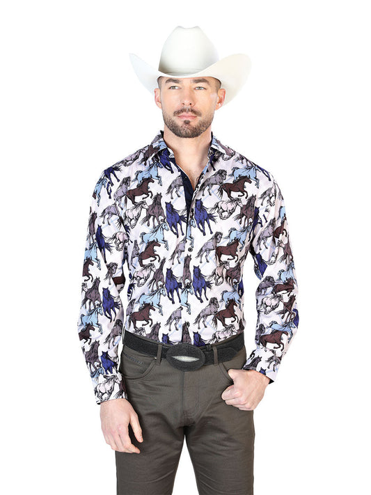 Camisa Vaquera Manga Larga Estampada Caballos Gris Pardo para Hombre 'El Señor de los Cielos' - ID: 43692 Camisas Estampadas El Señor de los Cielos Taupe