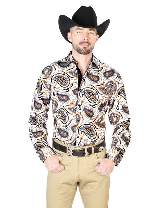 Camisa Vaquera Manga Larga Estampada Cachemir Beige para Hombre 'El Señor de los Cielos' - ID: 43695 Western Shirt El Señor de los Cielos Beige