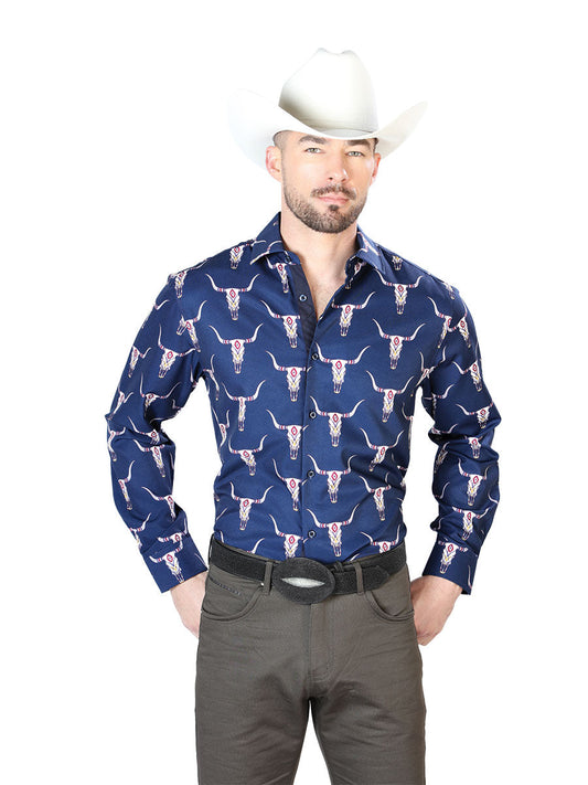 Camisa Vaquera Manga Larga Estampada Calaveras de Toro Azul para Hombre 'El Señor de los Cielos' - ID: 43698 Camisas Estampadas El Señor de los Cielos Blue