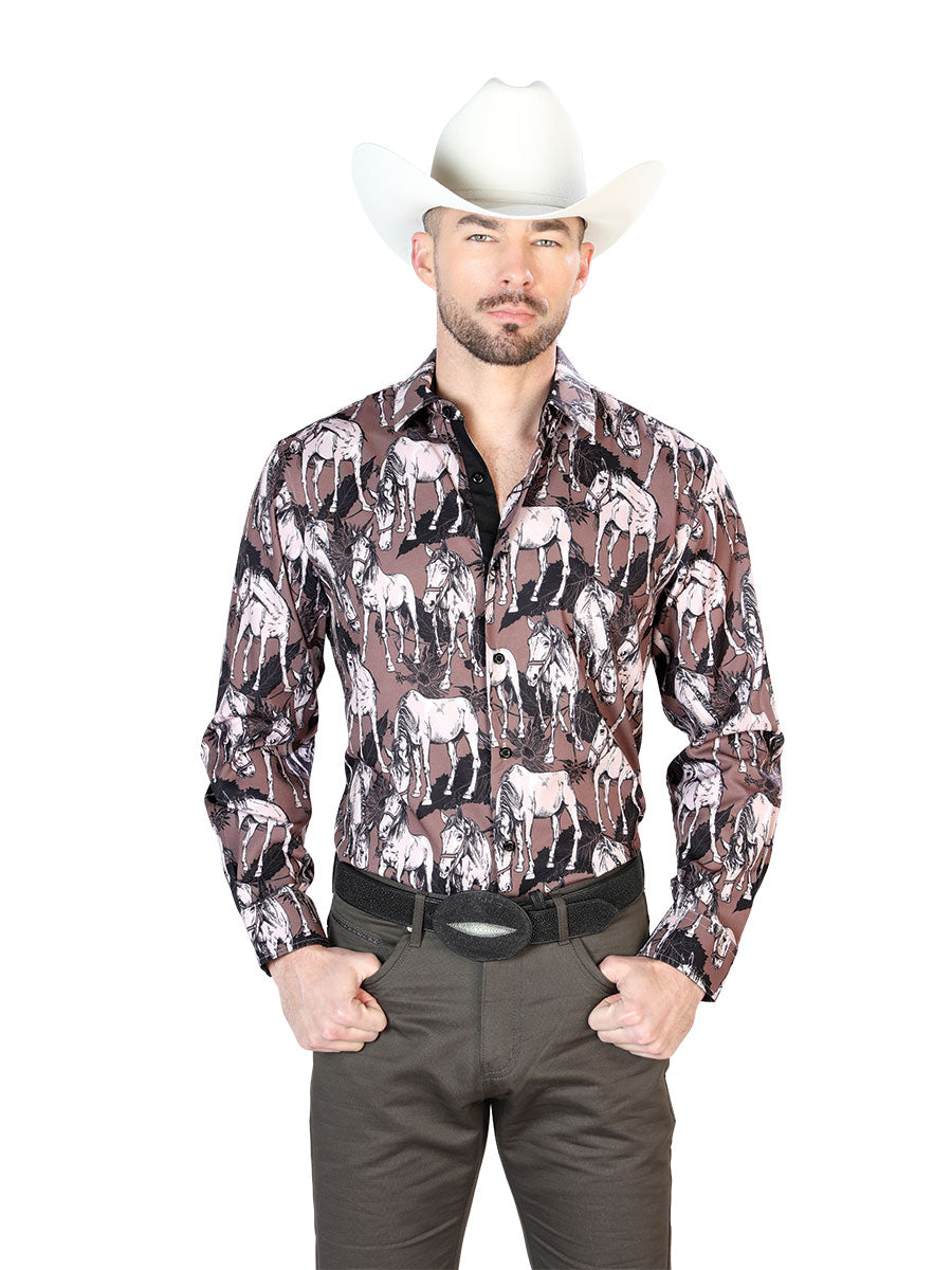 Camisa Vaquera Manga Larga Estampada Caballos Cafe para Hombre 'El Señor de los Cielos' - ID: 43699 Camisas Estampadas El Señor de los Cielos Brown