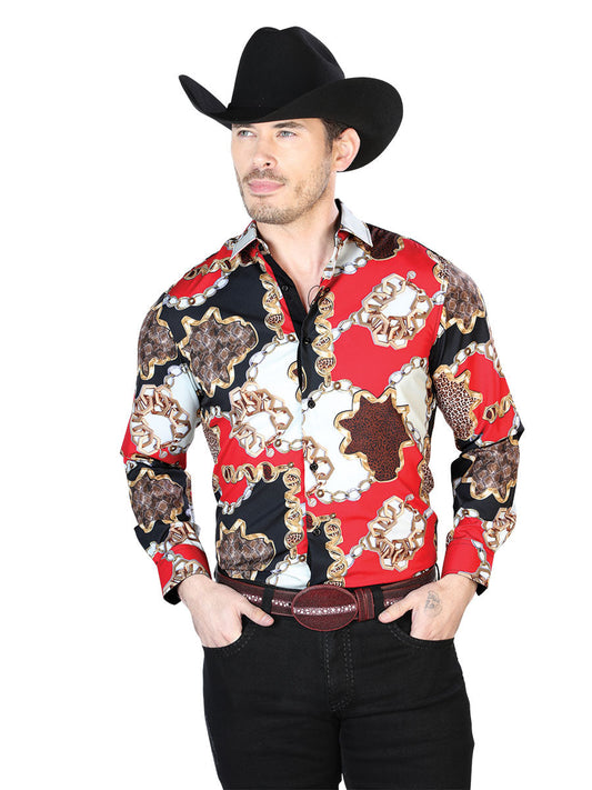 Camisa Vaquera Manga Larga Estampada Negro/Rojo para Hombre 'El Señor de los Cielos' - ID: 43700 Camisas Estampadas El Señor de los Cielos Black/Red