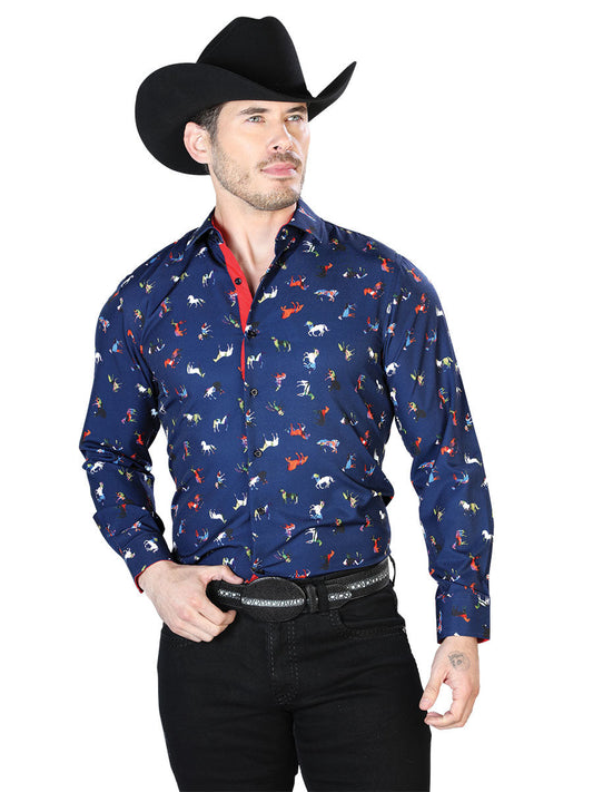 Camisa Vaquera Manga Larga Estampada Caballos Azul para Hombre 'El Señor de los Cielos' - ID: 43715 Camisas Estampadas El Señor de los Cielos Blue