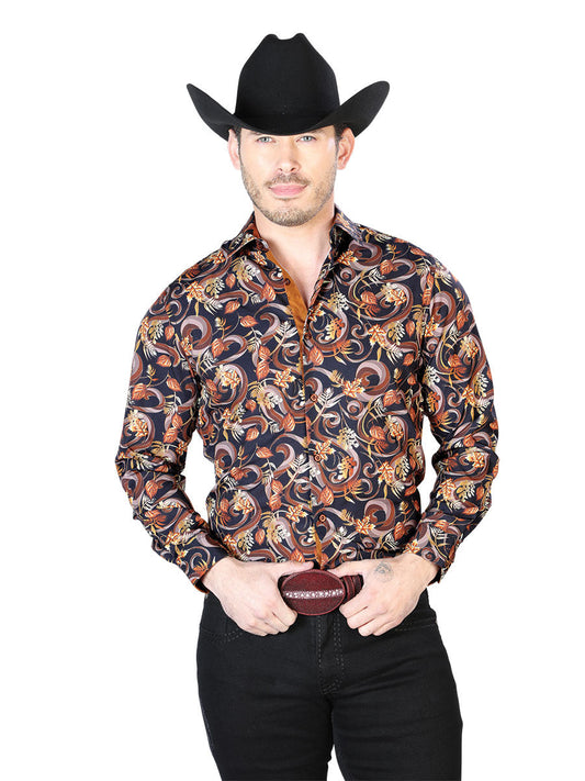 Camisa Vaquera Manga Larga Estampada Hojas Negro/Oro para Hombre 'El Señor de los Cielos' - ID: 43719 Camisas Estampadas El Señor de los Cielos Black/Gold