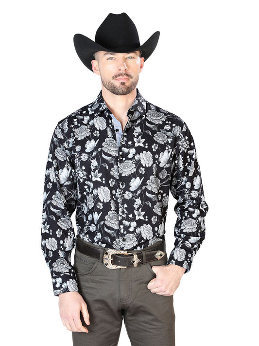 Camisa Vaquera Manga Larga Estampada Floral Negro/Plata para Hombre 'El Señor de los Cielos' - ID: 43720 Camisas Florales El Señor de los Cielos Black/Silver