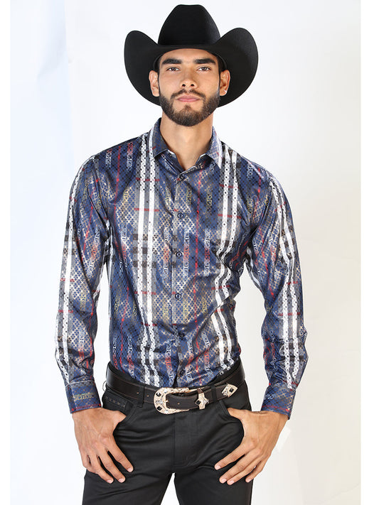 Camisa Vaquera Manga Larga Estampada Rayas Azul para Hombre 'El Señor de los Cielos' - ID: 43769 Camisas Estampadas El Señor de los Cielos Blue