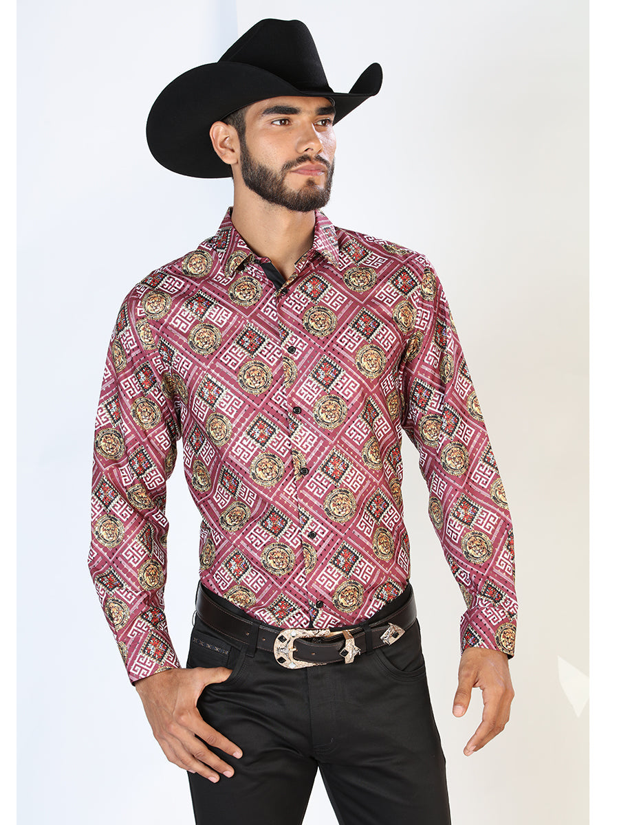 Camisa Vaquera Manga Larga Estampada Vino para Hombre 'El Señor de los Cielos' - ID: 43770 Camisas Estampadas El Señor de los Cielos Wine