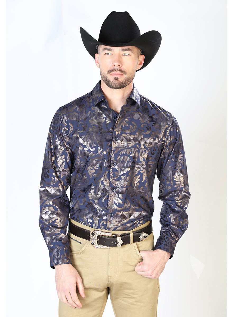 Camisa Vaquera Manga Larga Estampada Azul Marino para Hombre 'El Señor de los Cielos' - ID: 43773 Camisas Estampadas El Señor de los Cielos Navy Blue