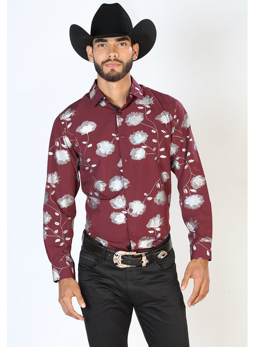 Camisa Vaquera Manga Larga Estampada Floral Vino para Hombre 'El Señor de los Cielos' - ID: 43776 Western Shirt El Señor de los Cielos Wine