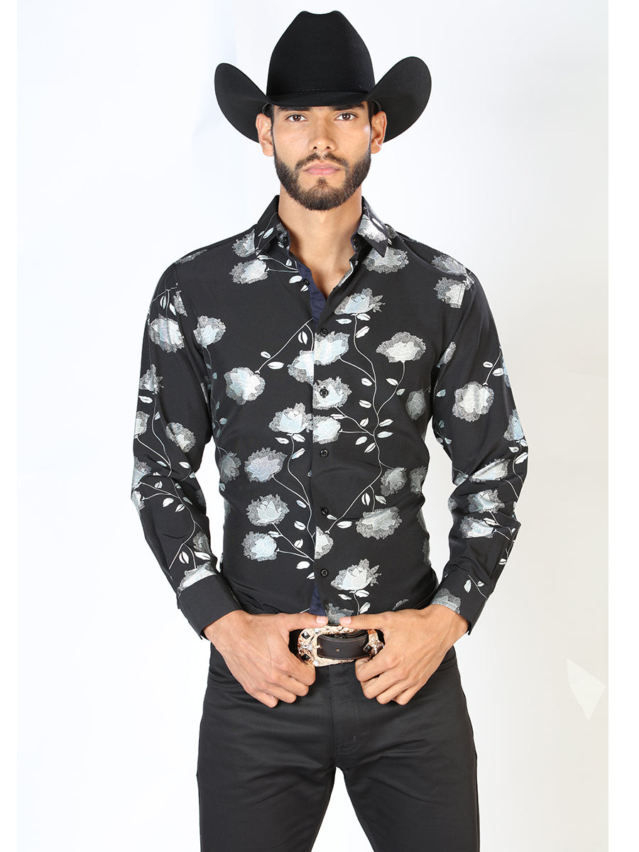 Camisa Vaquera Manga Larga Estampada Floral Negro para Hombre 'El Señor de los Cielos' - ID: 43777 Camisas Florales El Señor de los Cielos Black