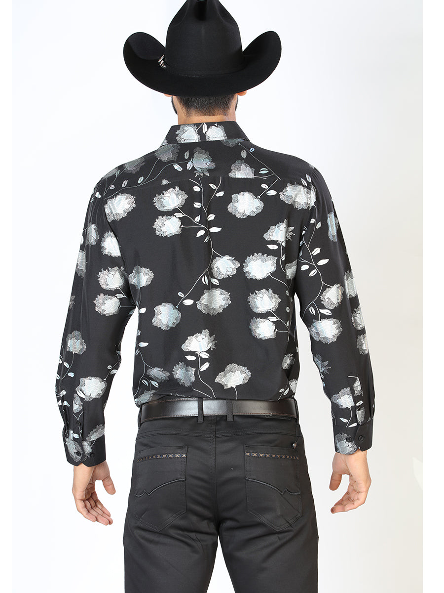 Camisa Vaquera Manga Larga Estampada Floral Negro para Hombre 'El Señor de los Cielos' - ID: 43777 Camisas Florales El Señor de los Cielos 