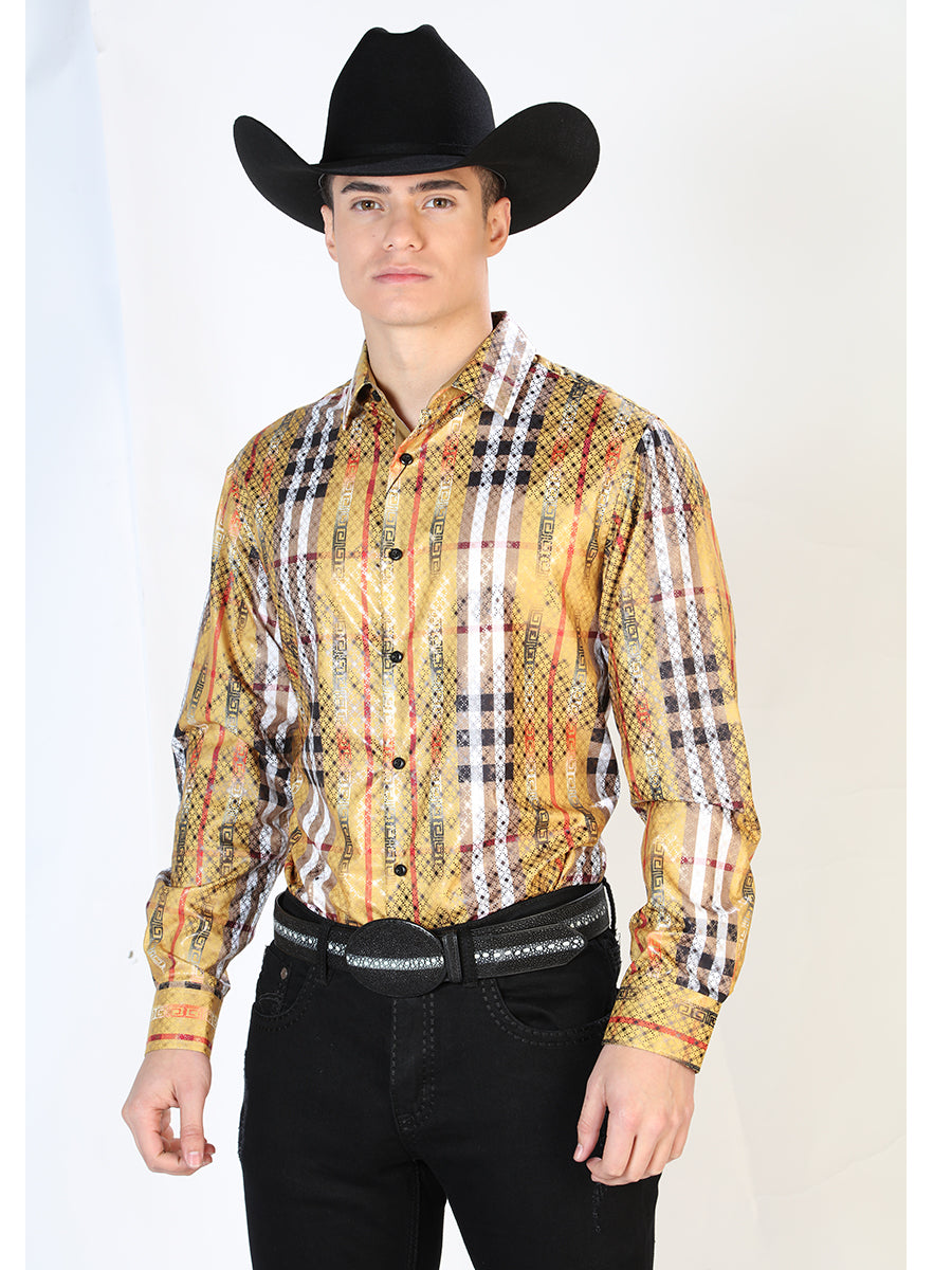 Camisa Vaquera Manga Larga Estampada Rayas Amarillo para Hombre 'El Señor de los Cielos' - ID: 43784 Camisas Estampadas El Señor de los Cielos Yellow