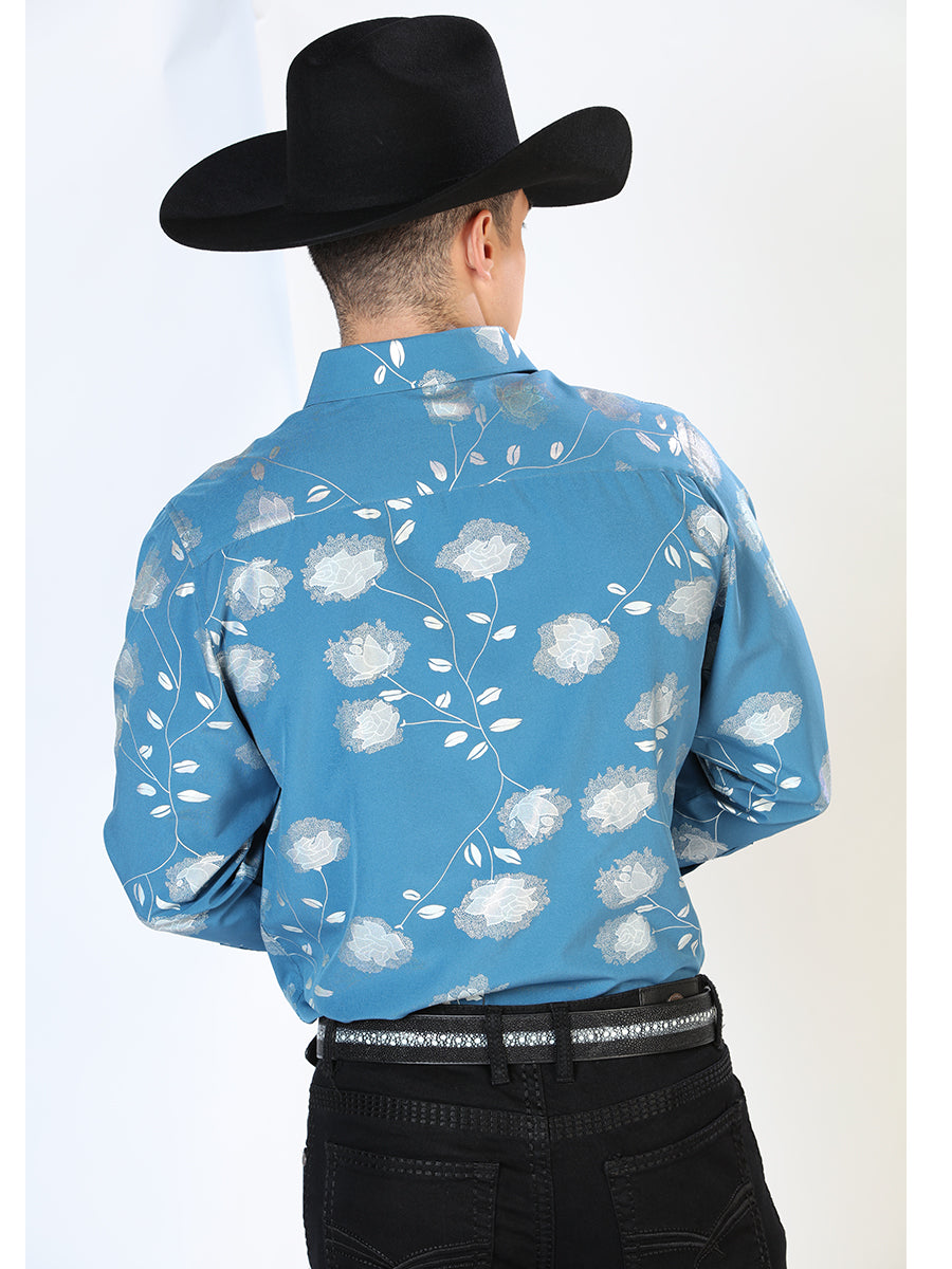 Camisa Vaquera Manga Larga Estampada Floral Azul Marino para Hombre 'El Señor de los Cielos' - ID: 43787 Western Shirt El Señor de los Cielos 