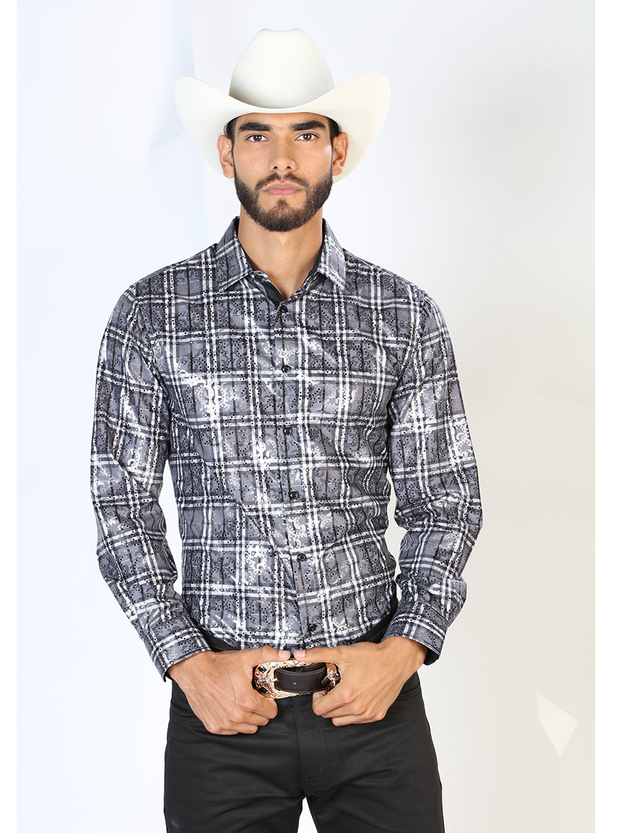 Camisa Vaquera Manga Larga Estampada Cuadros Gris para Hombre 'El Señor de los Cielos' - ID: 43789 Camisas de Cuadros El Señor de los Cielos Gray