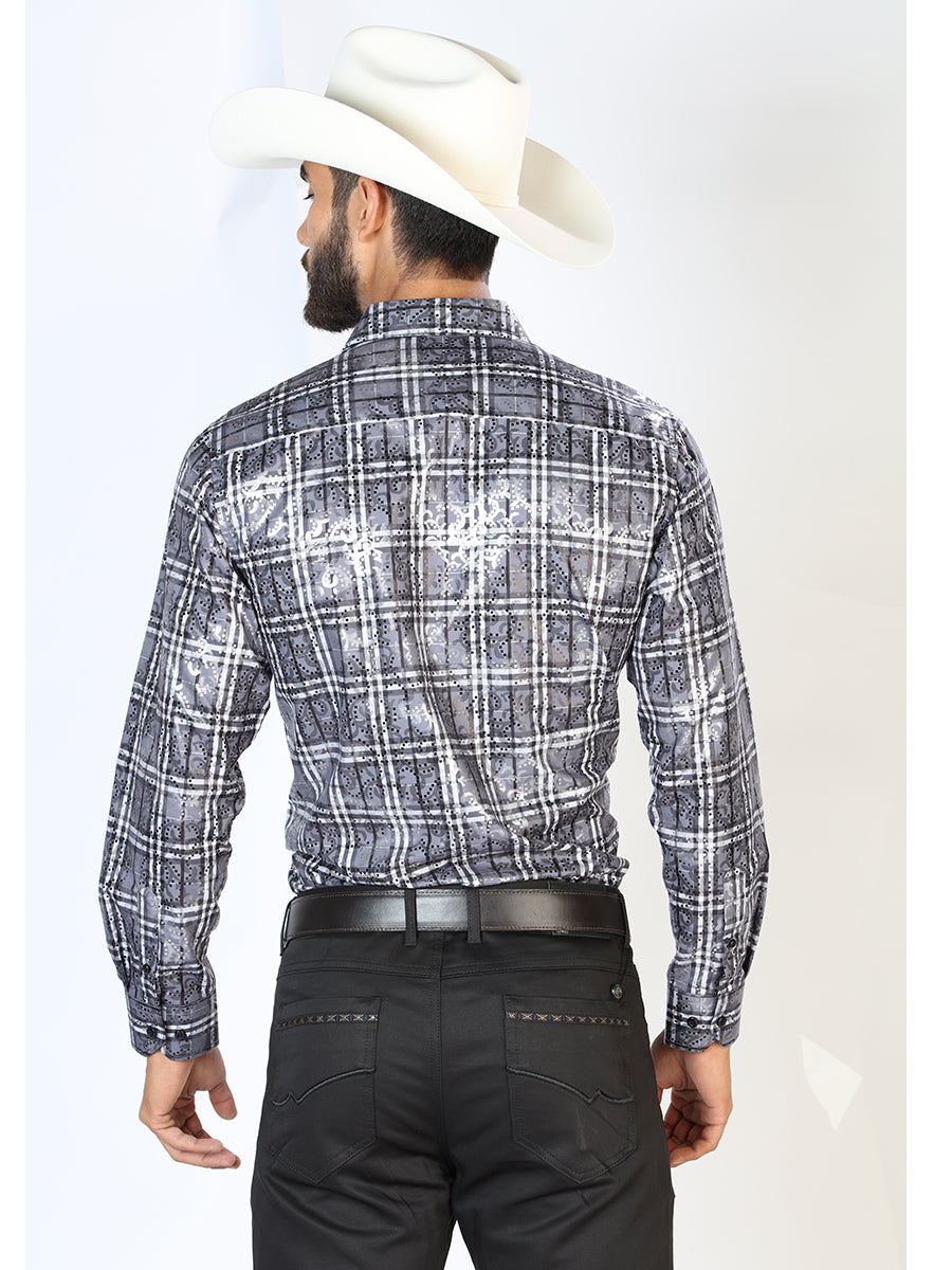 Camisa Vaquera Manga Larga Estampada Cuadros Gris para Hombre 'El Señor de los Cielos' - ID: 43789 Camisas de Cuadros El Señor de los Cielos 