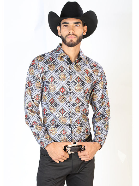 Camisa Vaquera Manga Larga Estampada Oro/Blanco para Hombre 'El Señor de los Cielos' - ID: 43790 Camisas Estampadas El Señor de los Cielos Gold/White