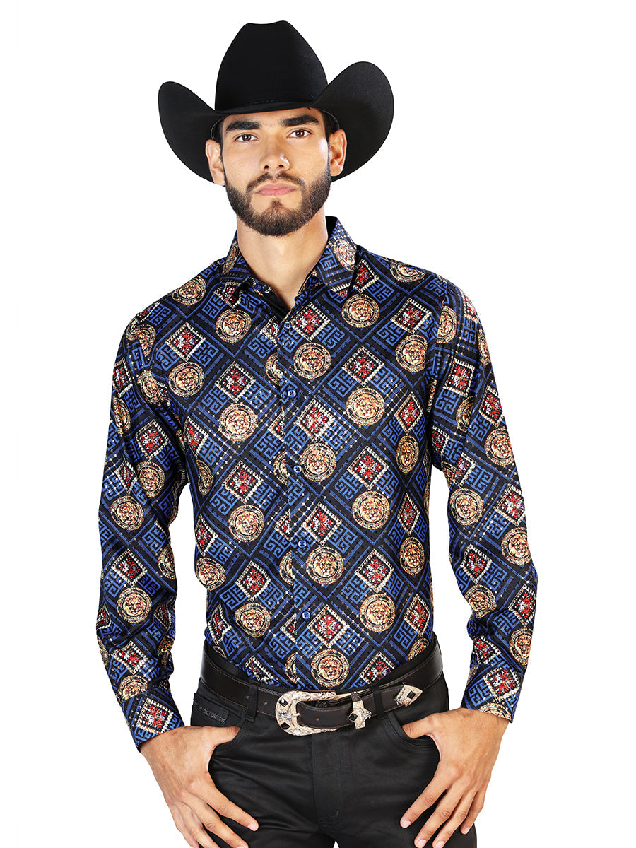 Camisa Vaquera Manga Larga Estampada Azul Marino para Hombre 'El Señor de los Cielos' - ID: 43792 Camisas Estampadas El Señor de los Cielos Navy Blue