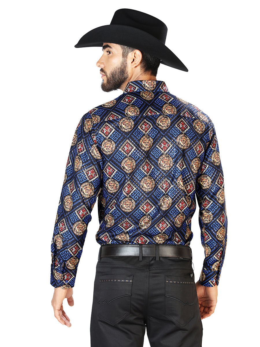 Camisa Vaquera Manga Larga Estampada Azul Marino para Hombre 'El Señor de los Cielos' - ID: 43792 Camisas Estampadas El Señor de los Cielos 