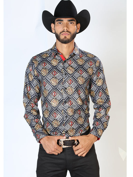 Camisa Vaquera Manga Larga Estampada Blanco/Negro para Hombre 'El Señor de los Cielos' - ID: 43798 Camisas Estampadas El Señor de los Cielos White/Black