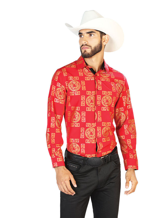 Camisa Vaquera Manga Larga Estampada Tigres Vino para Hombre 'El Señor de los Cielos' - ID: 43807 Camisas Estampadas El Señor de los Cielos Wine