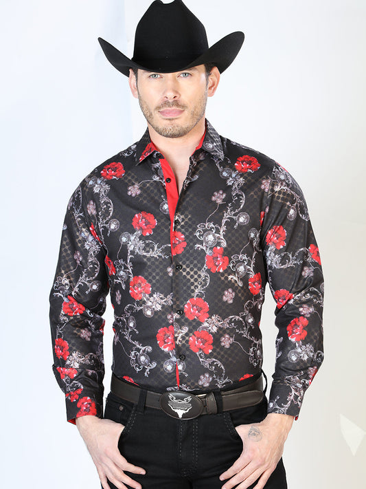 Camisa Vaquera Manga Larga Estampada Floral Negro para Hombre 'El Señor de los Cielos' - ID: 43809 Camisas Florales El Señor de los Cielos Black