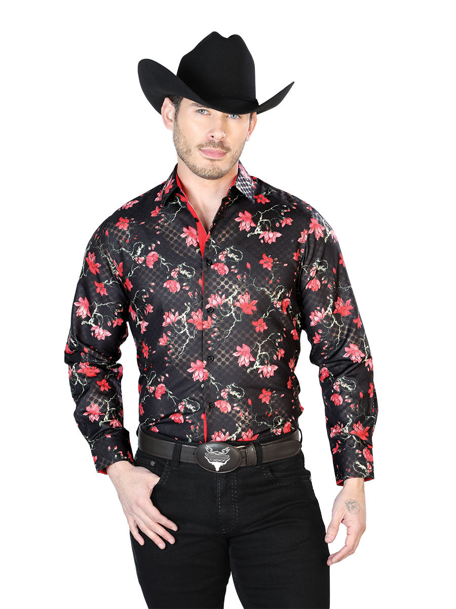 Camisa Vaquera Manga Larga Estampada Floral Negro para Hombre 'El Señor de los Cielos' - ID: 43810 Camisas Florales El Señor de los Cielos Black