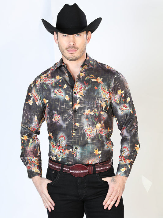 Camisa Vaquera Manga Larga Estampada Negro Multicolor para Hombre 'El Señor de los Cielos' - ID: 43813 Camisas Estampadas El Señor de los Cielos Black Multicolor