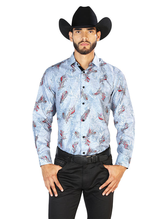 Camisa Vaquera Manga Larga Estampada Plumas Gris para Hombre 'El Señor de los Cielos' - ID: 43815 Camisas Estampadas El Señor de los Cielos Gray