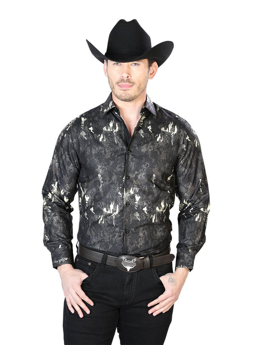 Camisa Vaquera Manga Larga Estampada Negro para Hombre 'El Señor de los Cielos' - ID: 43817 Camisas Estampadas El Señor de los Cielos Black